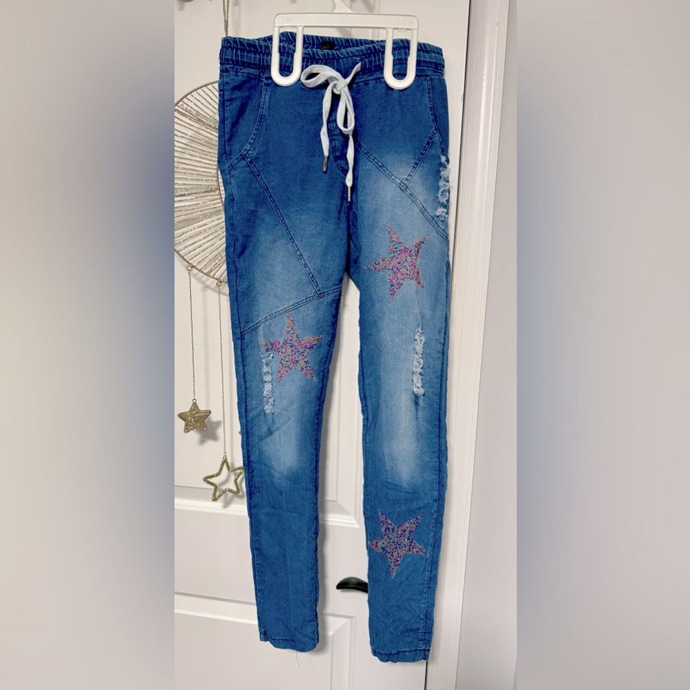 Venti 6 denim stretch Italian jogger jeans Multicolor stars distressed six small
